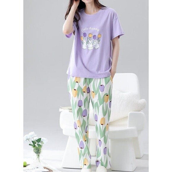 100% Cotton Women Pajama Set Short Sleeve Pullover Top Soft Purple S M L - Picture 5 of 10